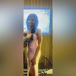 Ruched Pink Satin Spaghetti Strap Dress